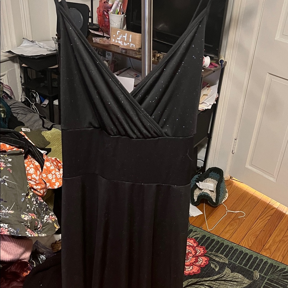 Sexy Black Midi Dress with Sparkle V-Neck